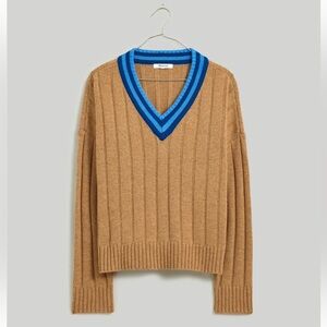 Madewell V-Neck Sweater with Blue Trim “Heather Caramel” color XS